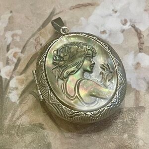Silver and Abalone Iridescent Cameo Locket Pendant